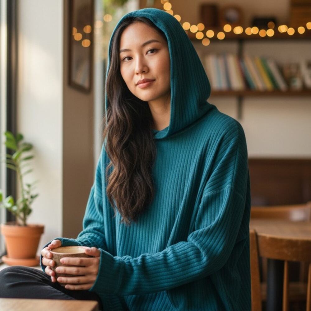 Chaser Shirt Womens Medium Green Waffle Knit Long Sleeve Soft Relaxed Hoodie